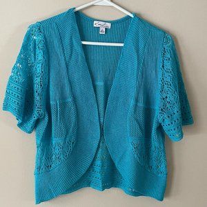 Kim Rogers Women’s Large Open Front Crocheted Aqua Blue S/S Shrug Sweater Top